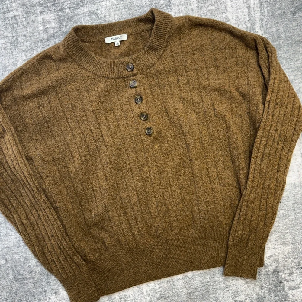 Madewell Sweater Women Medium Brown Drab Bowden Henley Ribbed Merino Alpaca - Picture 2 of 10
